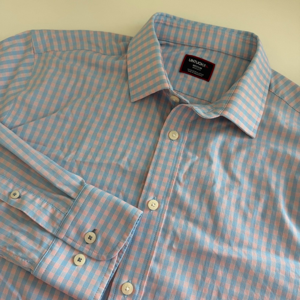UNTUCKit Benson Shirt Mens Medium Regular Fit Blue Pink Gingham Performance